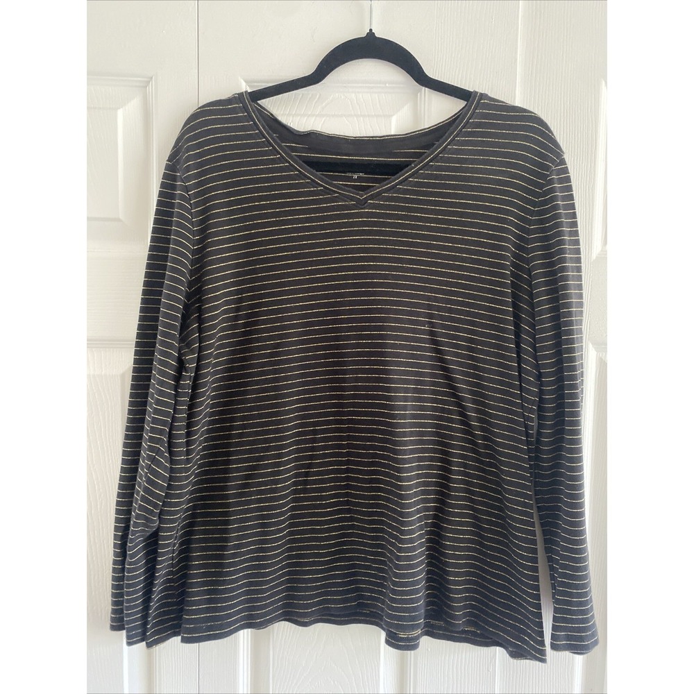 Laura Scott V-Neck Top Womens Size 1X Black Gold Metallic Stripe Long Sleeve Tee